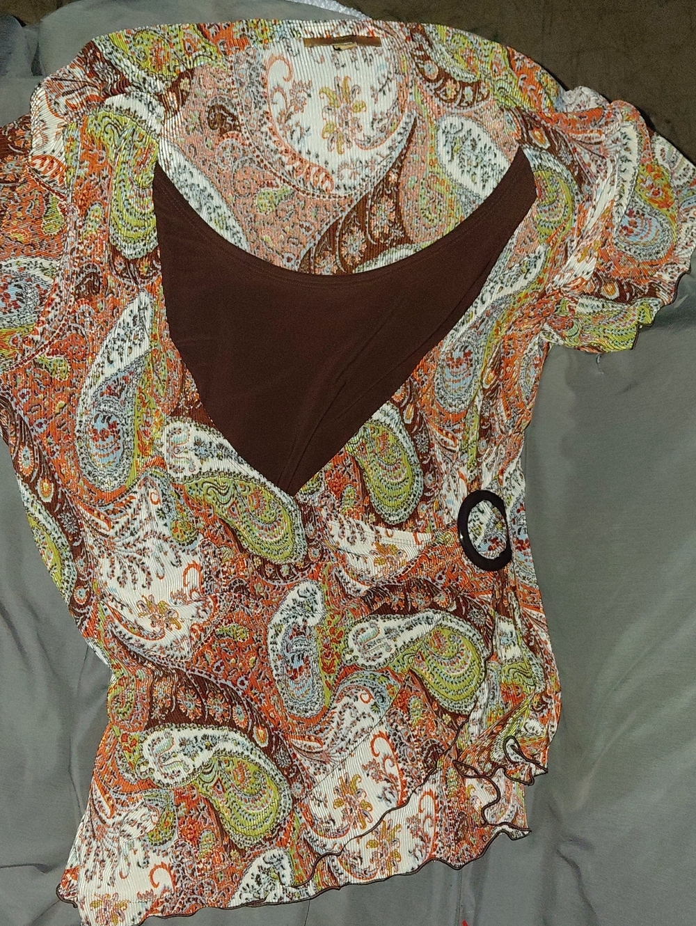 Notations Paisley V-Neck Tunic in Brown, Orange and Green
